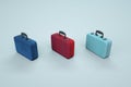 3D models of colorful suitcases on a white background. Small multi-colored travel suitcases. Bags, suitcases for travel Royalty Free Stock Photo