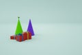 3d models of festive multi-colored gift boxes with gifts and caps. Festive decor on a white isolated background. Festive