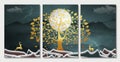 3d modern art mural wallpaper with a dark background. golden Christmas tree, mountain, white moon, and deers. for use as a frame o