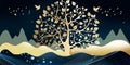 3d modern art mural wallpaper with dark blue black background . golden christmas tree , mountain , moon with white birds . Suitabl