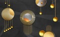 3d modern art mural wallpaper . golden balls and decorative circles and golden lines in black background . Royalty Free Stock Photo