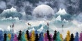 3d modern art mural wallpaper. magic snowy background. golden deer, colorful Christmas tree , mountains, moon with white birds