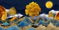 3d modern art mural wallpaper, night landscape with colorful mountains, dark black background with golden moon, golden trees, and