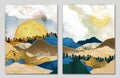 3d modern art wall frame, landscape with blue, gray, green and turquoise mountains marble. trees, clouds, for wall decor