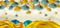 3d modern canvas art landscape mural wallpaper. golden and turquoise ginko biloba in marble background. mountains, clouds and deer Royalty Free Stock Photo