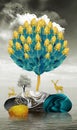 3d modern canvas art mural wallpaper landscape. ginko biloba leaves golden tree, deer, gray mountain, stone sun, and clouds Royalty Free Stock Photo