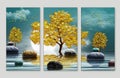 3d modern canvas art mural wallpaper landscape lake background. moon in water and golden christmas tree, gray mountain, sun with