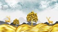 3d modern canvas art mural wallpaper landscape in light background with golden waves. golden deer, christmas tree , gray mountain