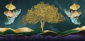 3d modern canvas art mural wallpaper landscape moon, golden trees and ginko leaves with colorful mountains