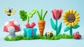 3D modern cartoon icon set of springtime items. Ladybug, gift box, bee, carrot, magnolia flower, green grass, chamomile Royalty Free Stock Photo