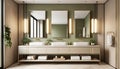 3d modern contemporary chic beige bathroom with two rectangle brass mirrors and a green cabin