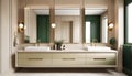 3d modern contemporary chic beige bathroom with two rectangle brass mirrors and a green cabin