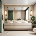 3d modern contemporary chic beige bathroom with two rectangle brass mirrors and a green cabin