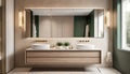 3d modern contemporary chic beige bathroom with two rectangle brass mirrors and a green cabin