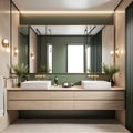 3d modern contemporary chic beige bathroom with two rectangle brass mirrors and a green cabin