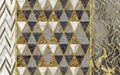 3d modern geometric mural wallpaper. Golden lines Marble triangles in dark background. for interior wall home decor