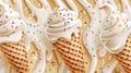 3d modern illustration of realistic drip ice cream melted drops with sprinkles on waffle cone. Melted white sweet liquid Royalty Free Stock Photo