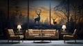 3D modern interior mural painting wall art decor wall behind the luxuary sofa roomGolden with dark blue forest trees, deers, birds Royalty Free Stock Photo