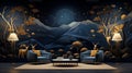 3D modern interior mural painting wall art decor wall in front of the coffee table and lamp Golden with dark blue forest trees, Royalty Free Stock Photo