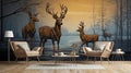 3D modern interior mural painting wall art decor wall in front of the rest chairsGolden with dark blue forest trees, deers, birds Royalty Free Stock Photo