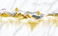 3d art wallpaper. golden and brown curves lines tree, mountains, clouds, and sun in white classic background3d modern Landscape ar