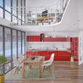 3d - modern loft with gallery, dining area, kitchen Royalty Free Stock Photo