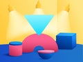 3D modern minimalist mockup colorful geometric. Geometric shapes with spotlights on colorful background.