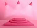 3D modern minimalist mockup. Podium for product presentation or showcase with spotlights on pink color background.