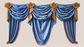 3D modern mockup of a realistic curtain set with blue folded cloth and gold ties and pelmet for curtains for windows