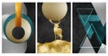 3d modern mural art wallpaper. golden wavy lines and golden deer. golden, silver, and turquoise circles, and triangles Royalty Free Stock Photo