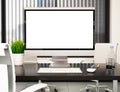 3D Modern office with blank computer screen. Mockup Royalty Free Stock Photo