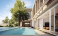 3D. Modern poolside relaxation zone design for vacation