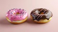 3D modern realistic donuts in pink icing with chocolate. Food icon set.