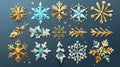3d modern realistic icon set of ice and gold snowflakes for decorating Christmas trees.