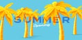 3D modern poster with render yellow palm trees on boue backdrop with text, trendy modern graphics Royalty Free Stock Photo