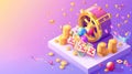 3D modern web banner for lottery isometric landing page. Lotto wheel machine with lotto balls and crossed lucky numbers. Royalty Free Stock Photo