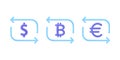 3D Money exchange icon. Concept of currency exchange or cash back. Money conversion. Dollar, euro, bitcoin