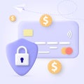 3D Money Saving icon concept. Online payment protection system with credit card. Secure bank transaction. Cartoon style Royalty Free Stock Photo