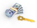 3D money stacks and golden house key Royalty Free Stock Photo