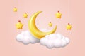 3D moon. Night sleep. Crescent and fluffy clouds. Hanging yellow stars. Baby zzz dream. Weather forecast. Bedtime