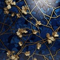 3d mosaic floral marble textured cobalt blue pattern with Gold branches flowers and leaves. Art Deco modern painted vector Royalty Free Stock Photo