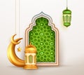 3d mosque dome and crescent with Arabic style carved window, Arabesque decorations vector Royalty Free Stock Photo