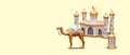 3D mosque with golden domes, camel, lantern. Beautiful vector composition Royalty Free Stock Photo