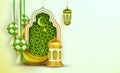 3d illustration mosque, crescent, ketupat, dome arch arabesque decorations