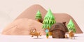 3d mountain landscape with pine, deer, doe, fawn standing on pine forest from plasticine, pilot, propeller plane, wooden house Royalty Free Stock Photo