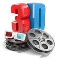 3D movie concept. Film reel and glasses. Royalty Free Stock Photo