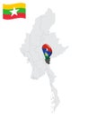 Location of Kayah State on map Myanmar. 3d Kayah flag map marker location pin. Quality map with Regions of Myanmar