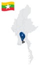 Location of Yangon Region on map Myanmar. 3d Yangon flag map marker location pin. Quality map with Regions of Myanmar