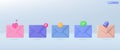 3d multicolor mail envelope icon set symbol. Render email notification, gold coin, heart valentine, bell, notice. communication