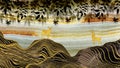 3d mural art wallpaper . golden wavy lines and golden deer . leafs branches and marble background